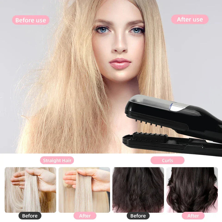 Close-up of the cordless hair trimmer head designed for safe split end removal.
