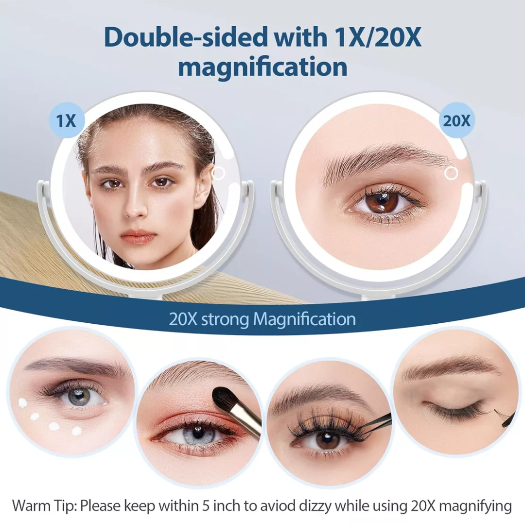 Close-up comparison of 1X and 20X magnification sides showing detailed cosmetic application
