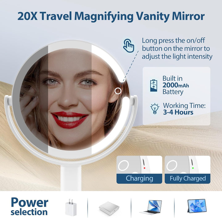 Illuminated makeup mirror with 20x zoom and LED lighting for precision vanity use