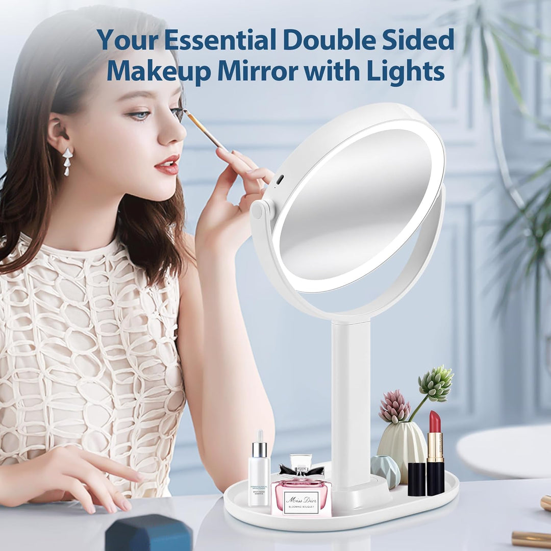 Close-up view of the magnifying LED makeup mirror showing adjustable brightness settings
