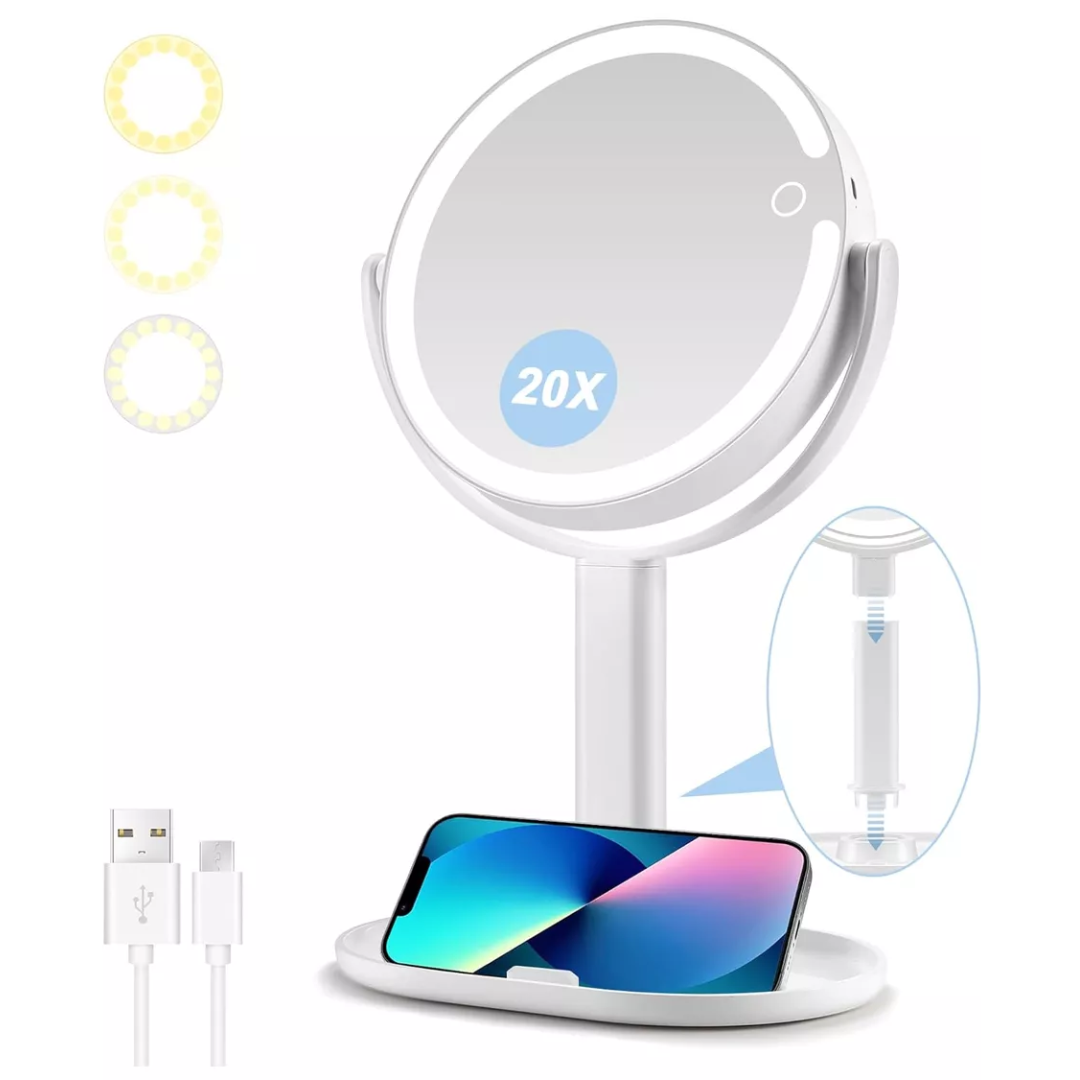 Portable illuminated makeup mirror angled to show its sleek design and slim profile