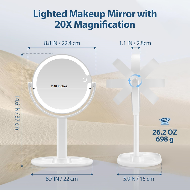 Rechargeable magnifying LED vanity mirror displayed in a bright lifestyle setting