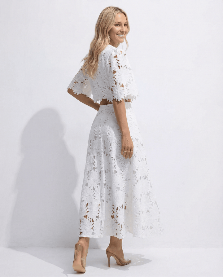 Side profile of elegant lace party dress for evening events