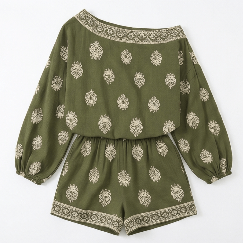 Flat lay of the complete women's summer co-ord set with accessories