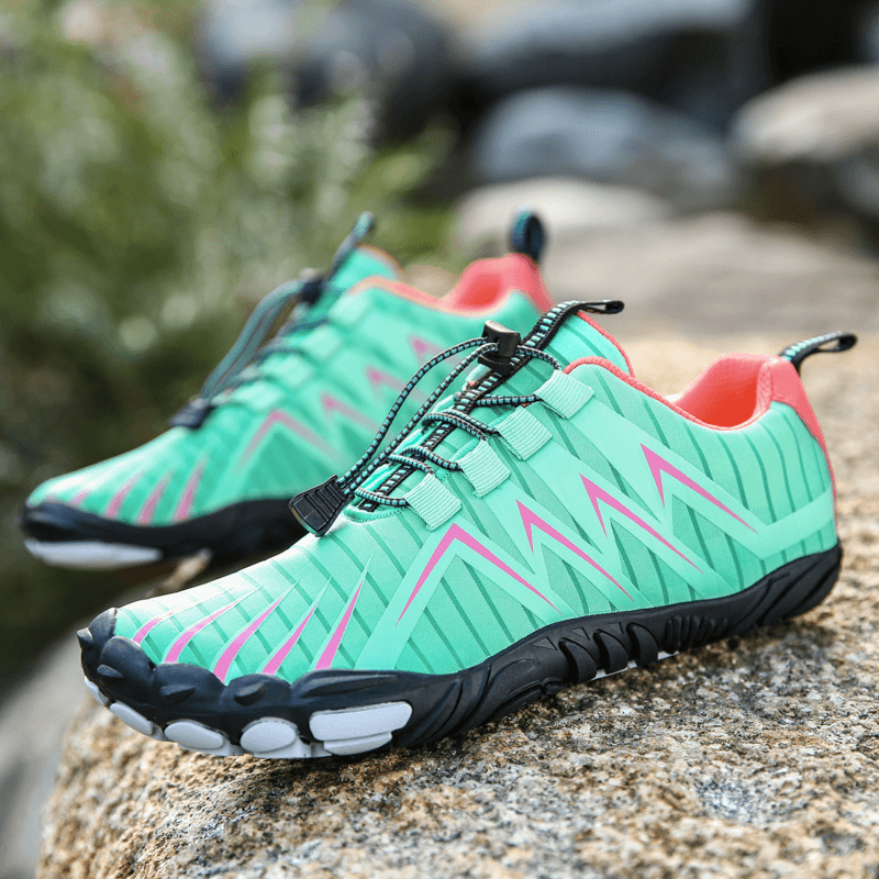 Top-down view of wide toe box walking shoes highlighting ergonomic shape.