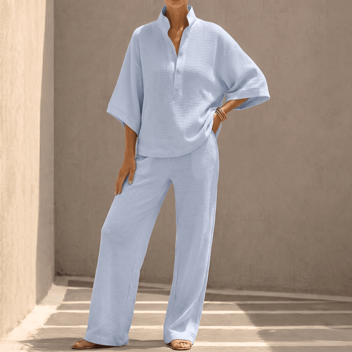 Cozy travel wear set featuring soft waffle-knit material