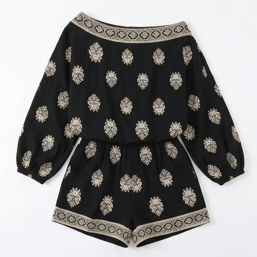 Sleeve detail of the off-shoulder blouse from the bohemian two-piece set