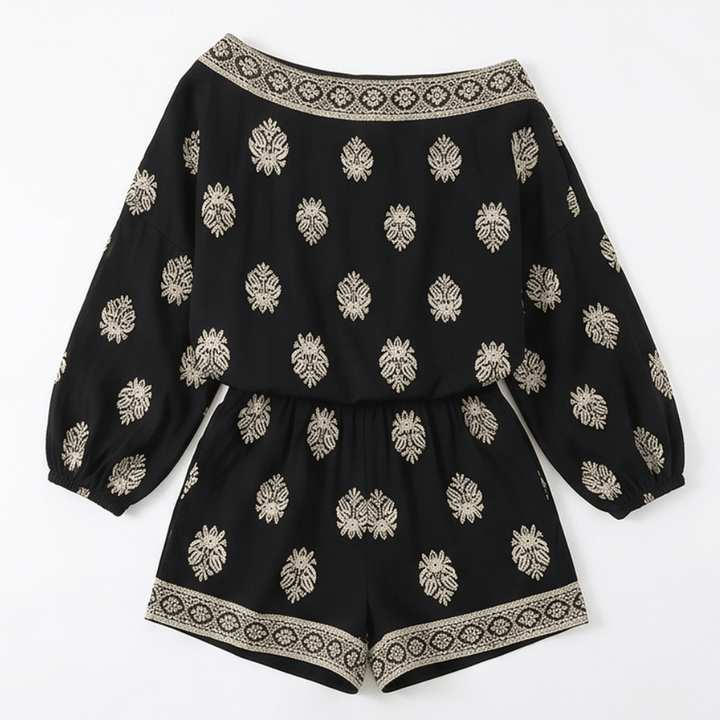 Sleeve detail of the off-shoulder blouse from the bohemian two-piece set