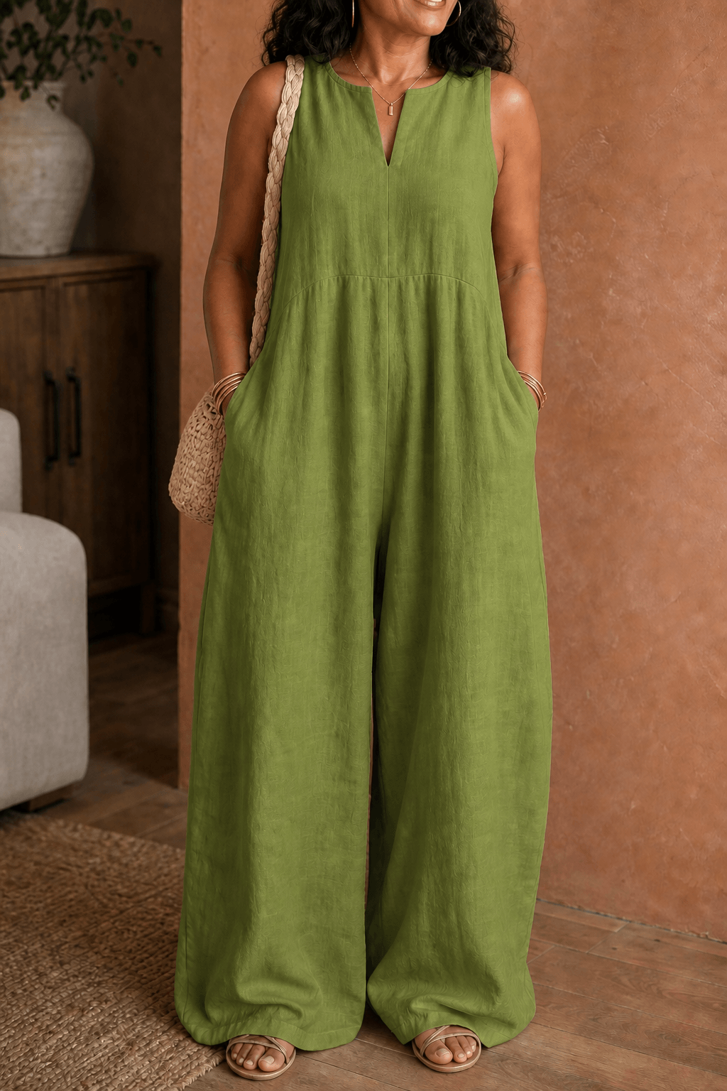 Modern V-neck jumpsuit featuring airy wide-leg trousers