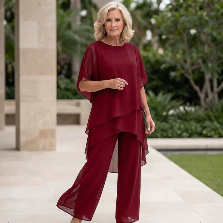 Final full outfit view of the versatile matching set suitable for formal occasions
