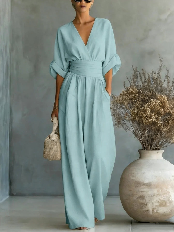 Breathable summer clothing fabric close-up on the wide-leg jumpsuit