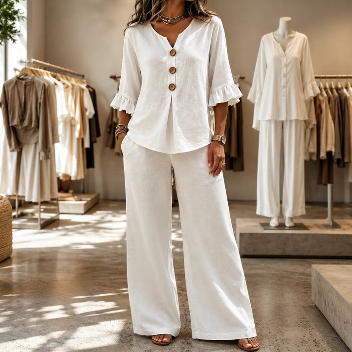 Lifestyle view of the chic loungewear set worn in a bright indoor setting