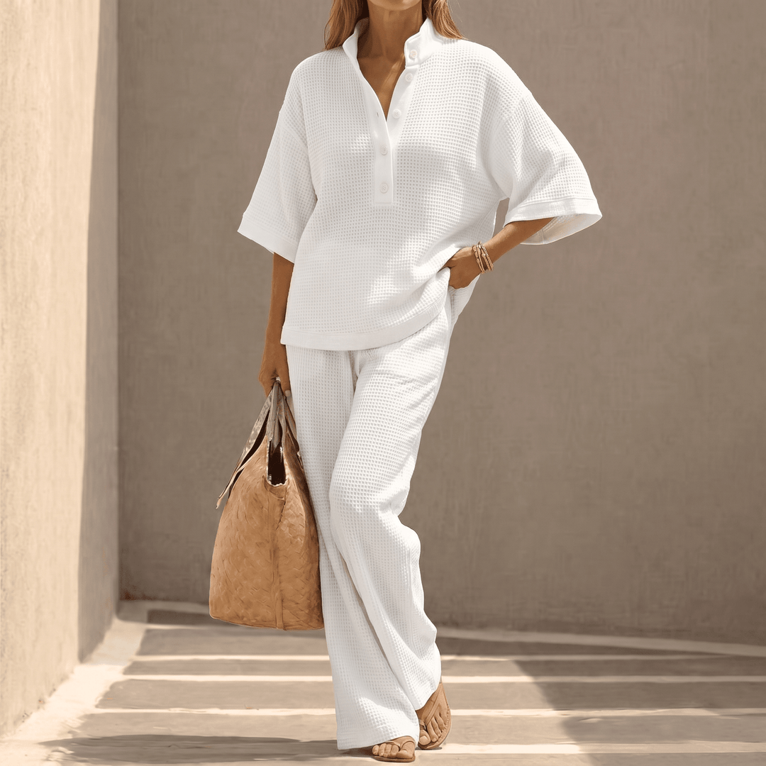 Detailed shot of elastic waistband on wide leg lounge pants