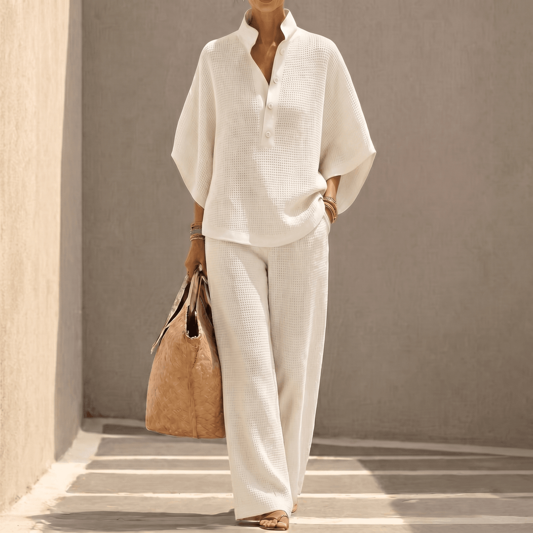 Flat lay of womens two-piece casual outfit and loungewear