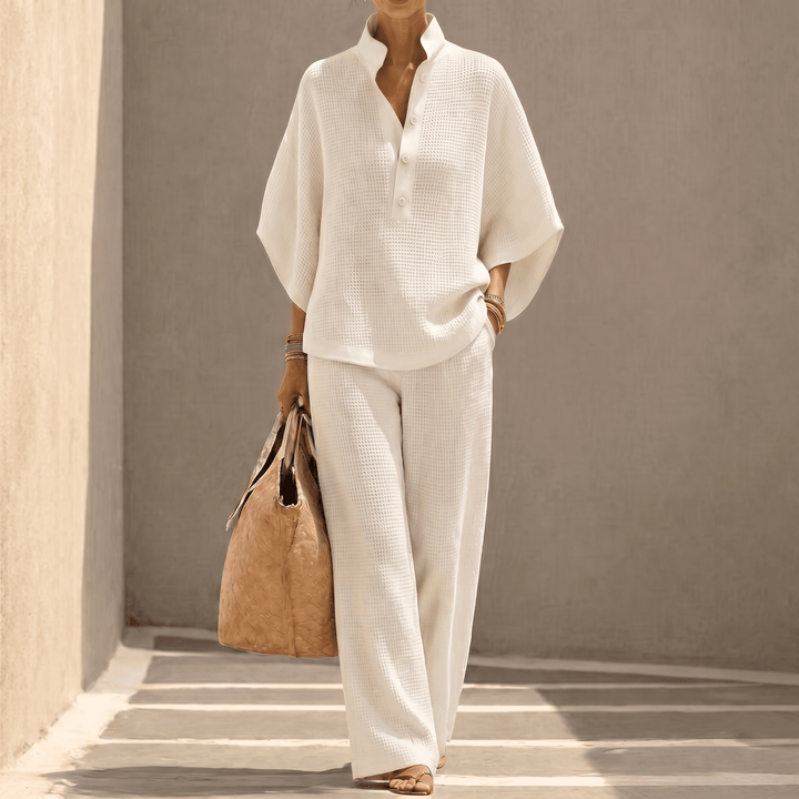 Flat lay of womens two-piece casual outfit and loungewear