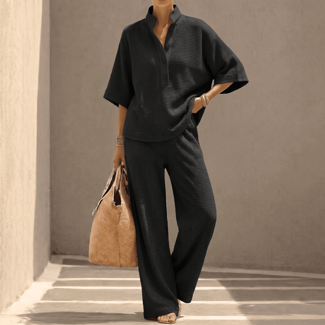 Stylish womens fashion waffle-knit lounge set folded
