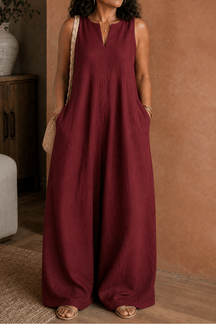 Fashion-forward wide-leg jumpsuit with a stylish V-neck cut