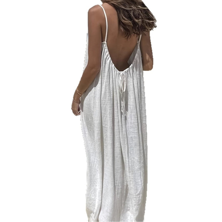 Detailed shot of the back closure on a women's backless maxi dress