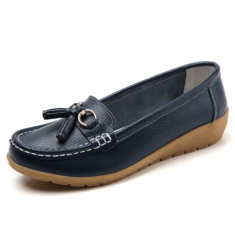 Close-up of toe box shape on women's comfort flat loafer shoes