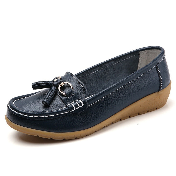 Close-up of toe box shape on women's comfort flat loafer shoes
