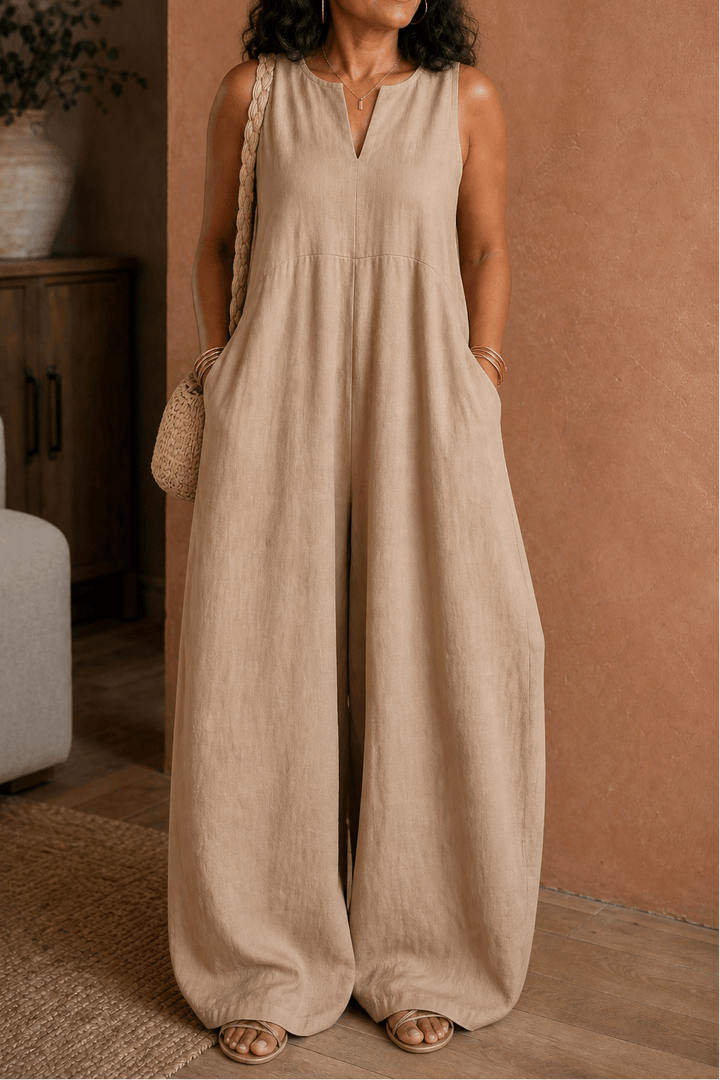 Complete view of women's pocketed one-piece wide-leg jumpsuit