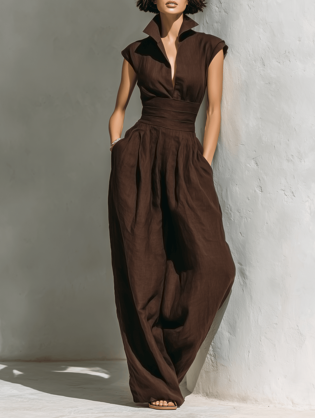 Model wearing a coffee brown high-waist wide-leg jumpsuit with pockets against a white wall.