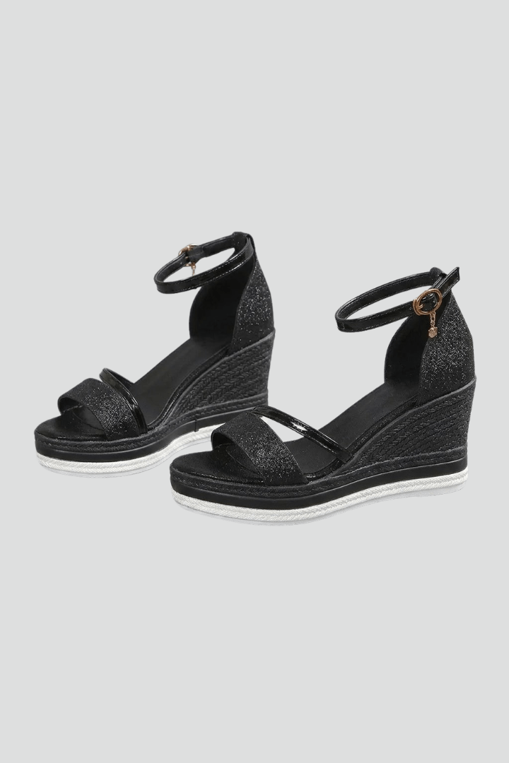 Black glitter women's wedge sandals with ankle strap