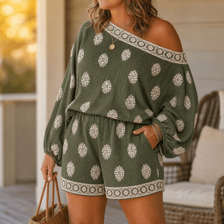 Model wearing Sage Green bohemian off-shoulder two-piece set with block print