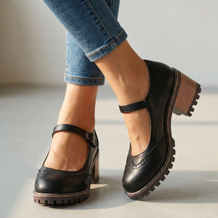 Black women's comfort Mary Jane shoes with block heel and buckle strap