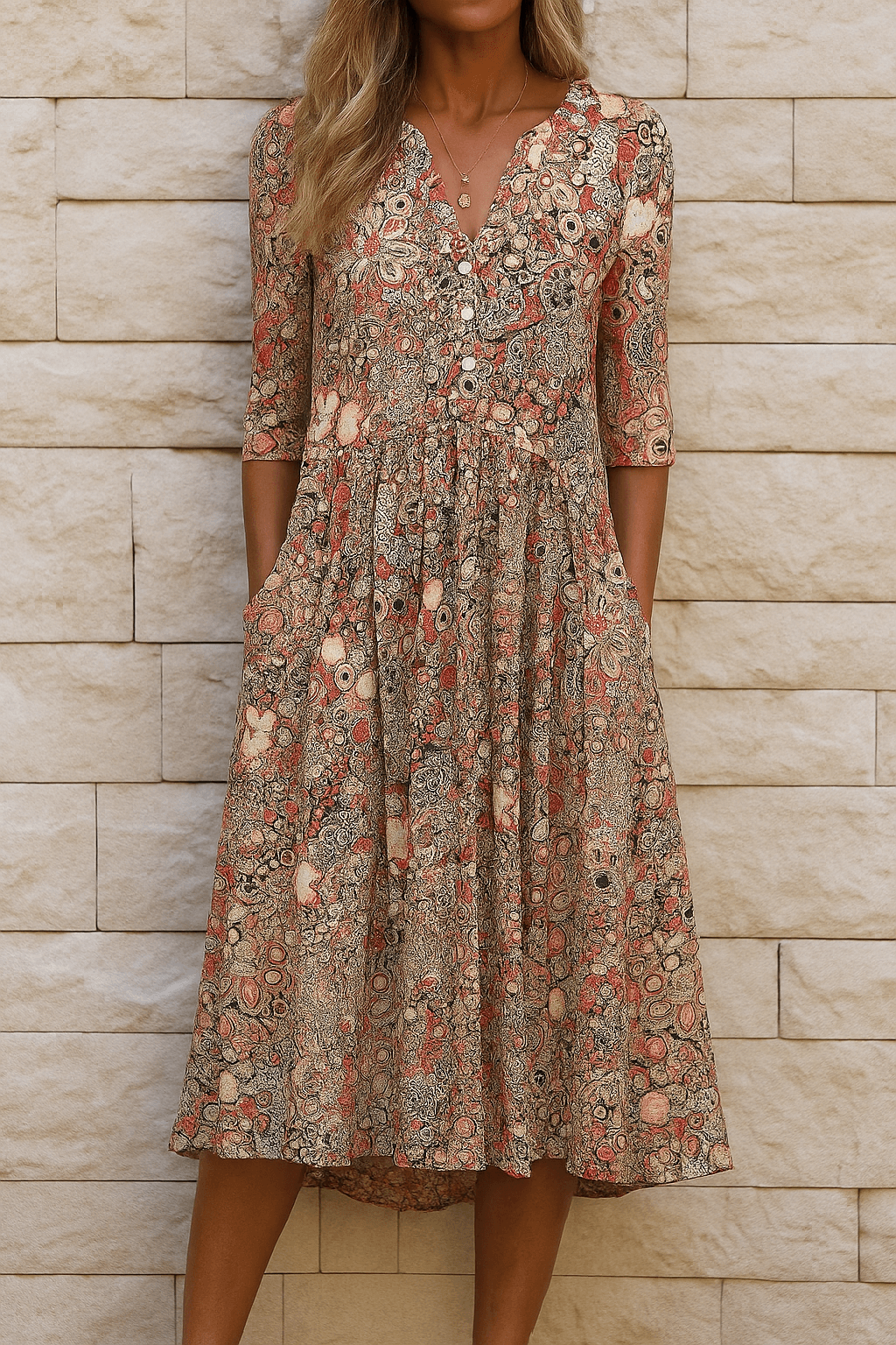 Woman wearing orange floral V-neck midi dress with pockets against a stone wall