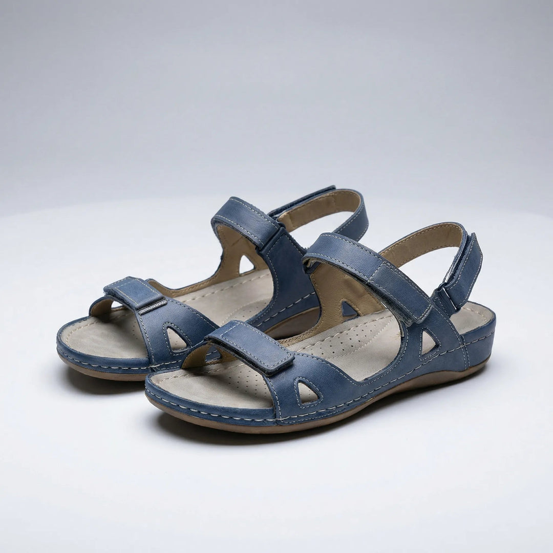 Blue orthopedic walking sandals with adjustable straps and wedge sole