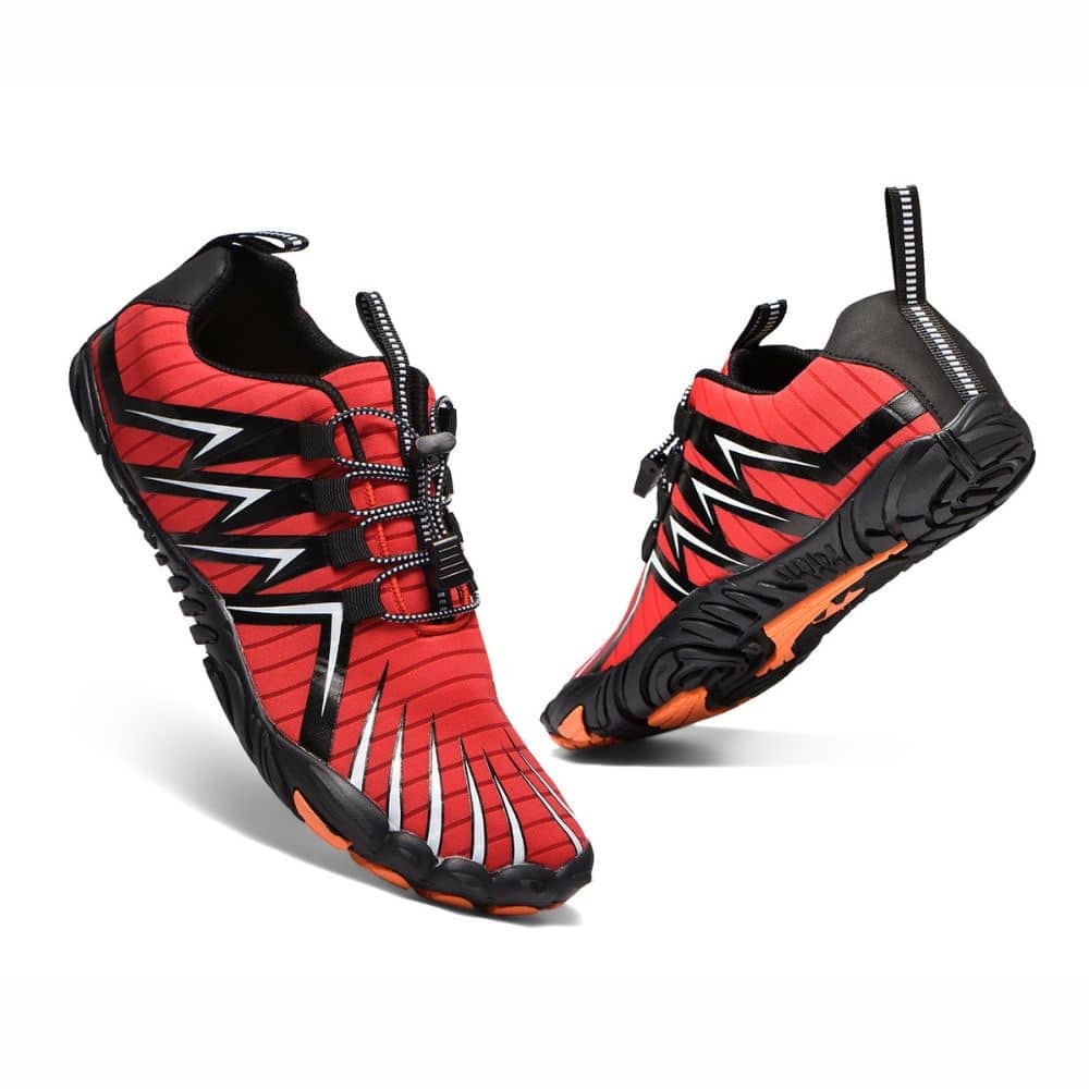 Unisex flexible barefoot training shoes in vibrant red color showcasing wide toe box
