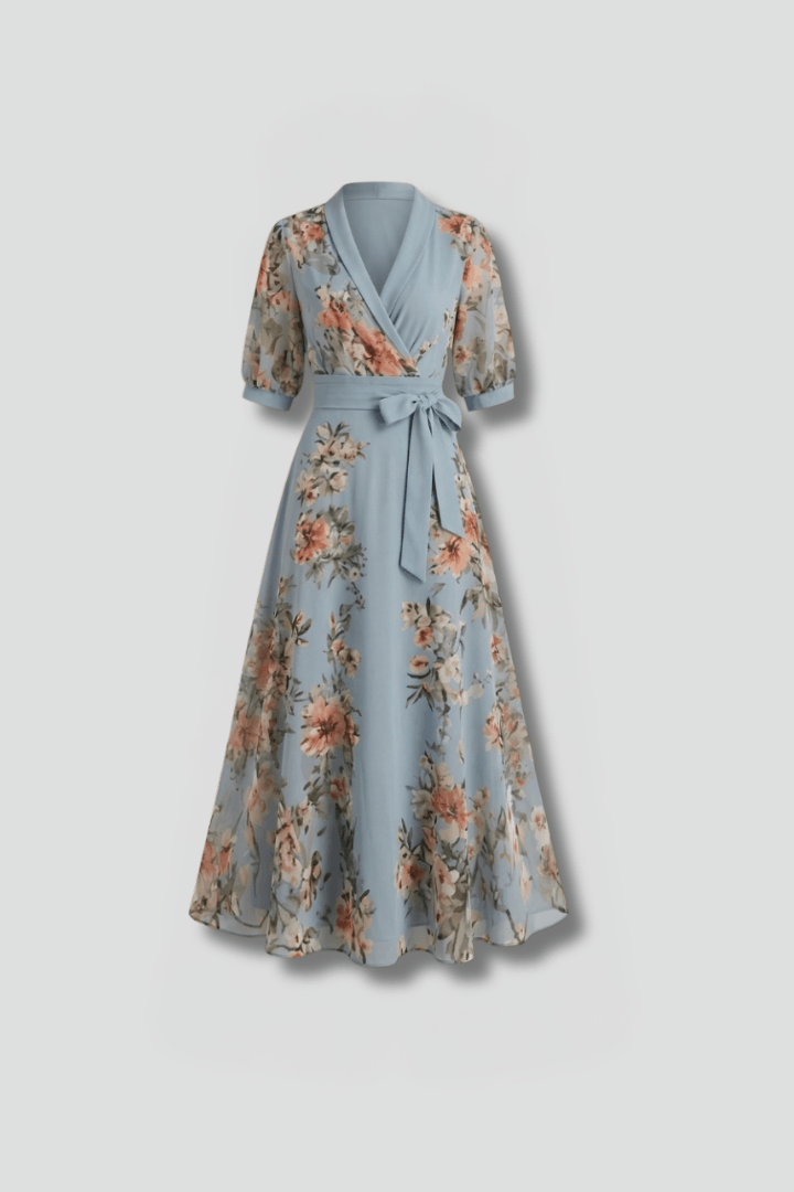Blue floral wrap maxi dress displayed flat with short sleeves and V-neck