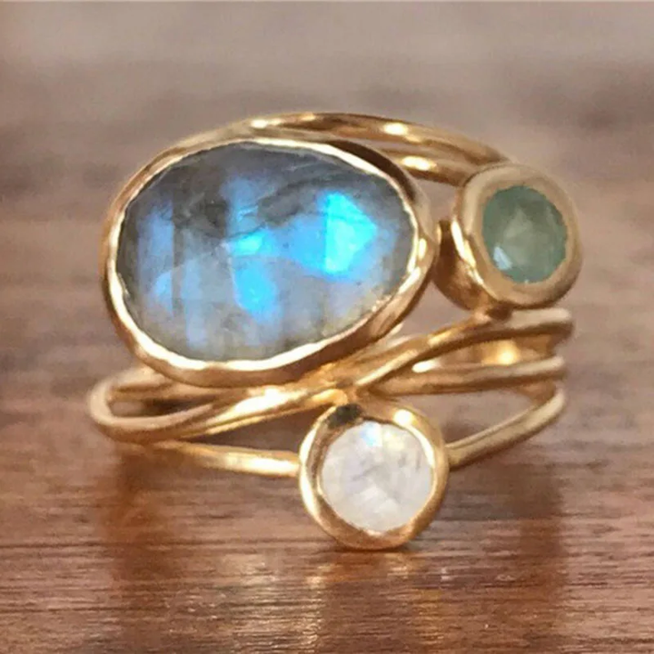 Women's golden boho crystal ring featuring unique gemstone cluster design