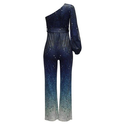 Glittering one-shoulder ombre evening jumpsuit featuring a chic wide-leg formal design for special parties.