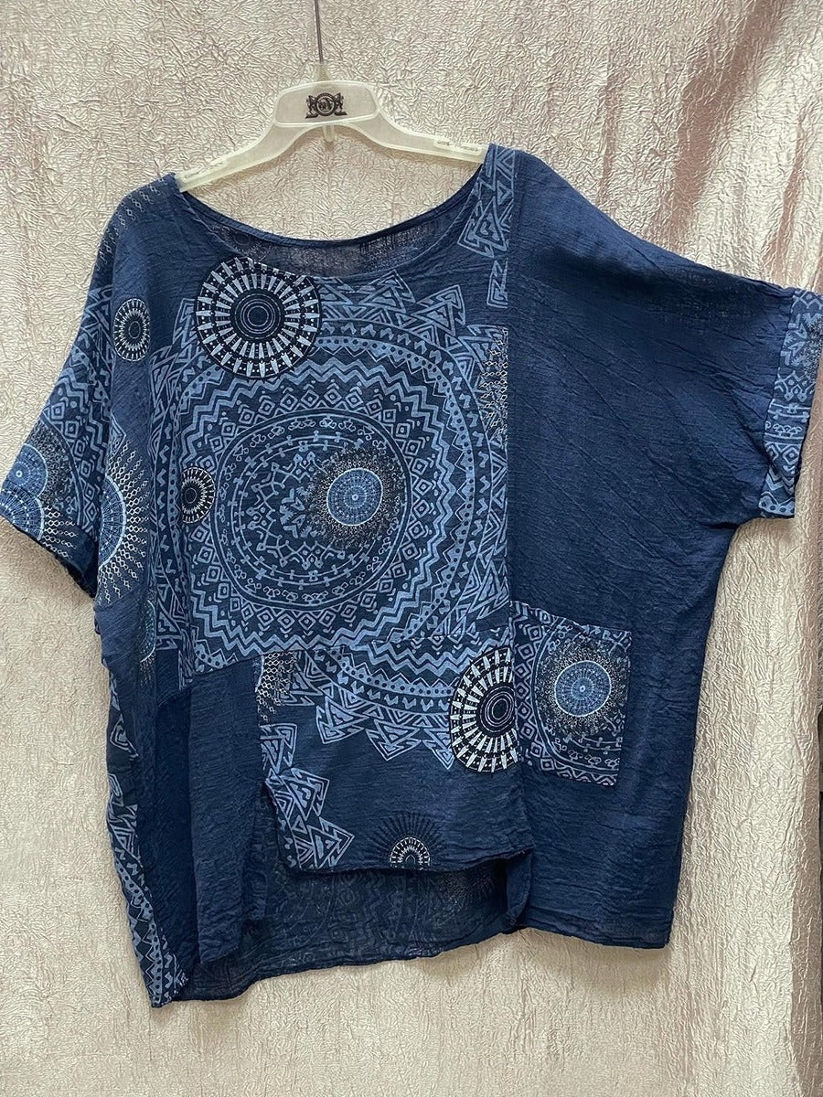 Boho yellow mandala print two-piece summer outfit with short sleeve top and wide leg trousers