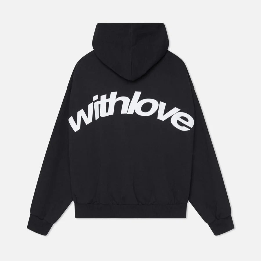 Black unisex oversized graphic hoodie viewed from the back showing bold white lettering
