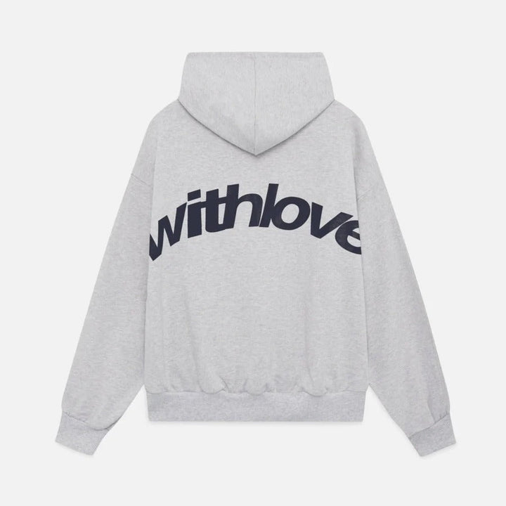 Gray unisex oversized graphic hoodie displayed from the rear with contrasting dark lettering