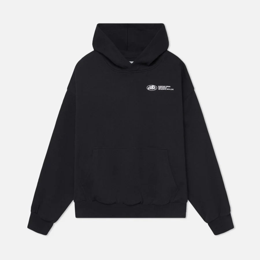 Detailed shot of the hood and drawstring on the unisex oversized streetwear pullover hoodie