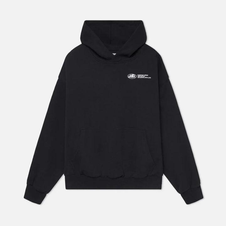 Detailed shot of the hood and drawstring on the unisex oversized streetwear pullover hoodie