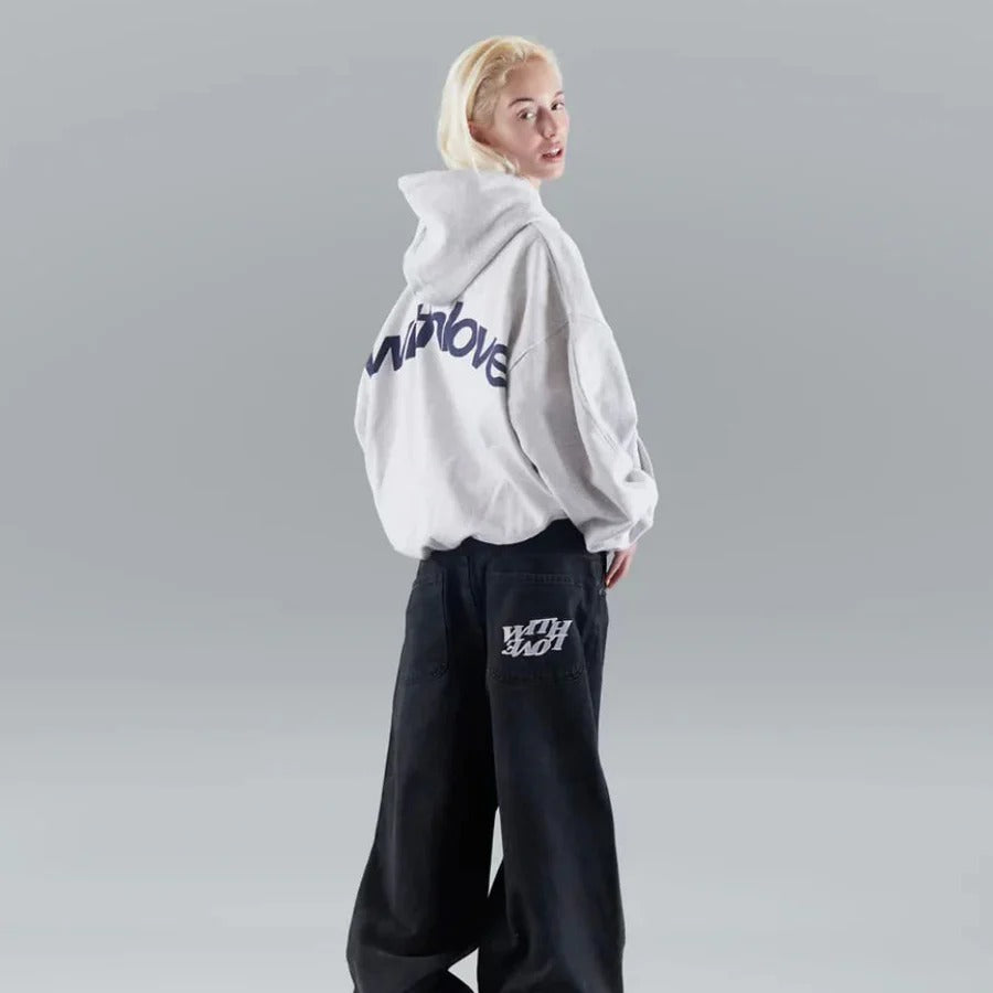 Back view of the casual unisex oversized graphic hoodie highlighting the relaxed pullover drape