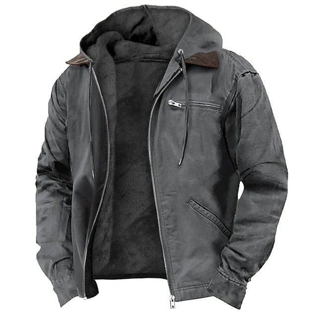 Men's winter coat in black with front zipper and hood