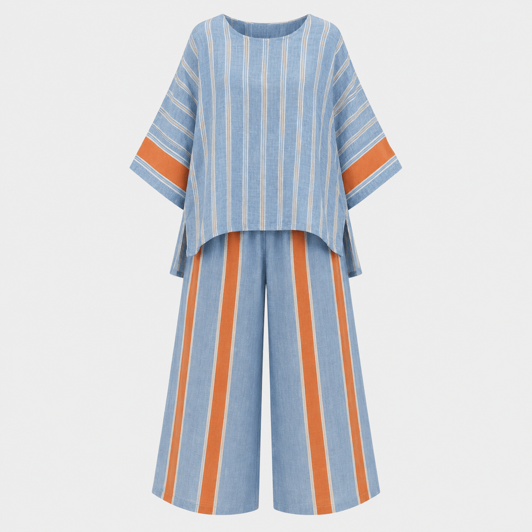 Product flat lay of the women's striped matching two-piece co-ord set