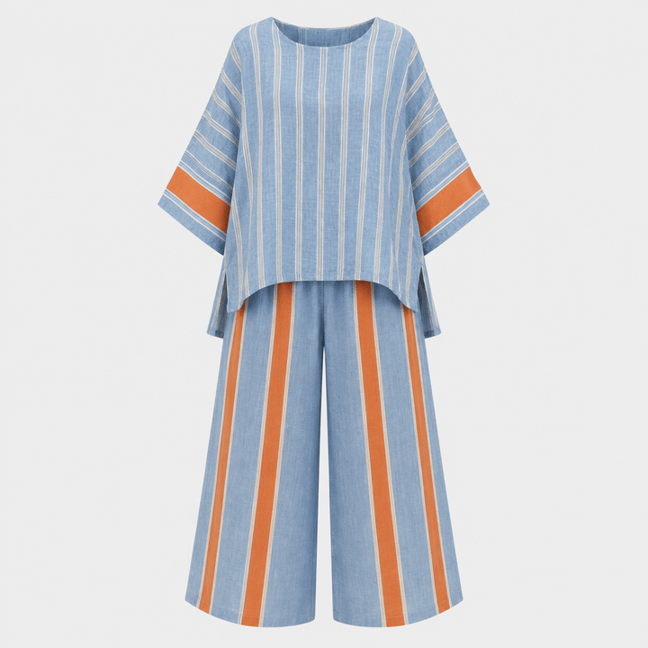 Product flat lay of the women's striped matching two-piece co-ord set