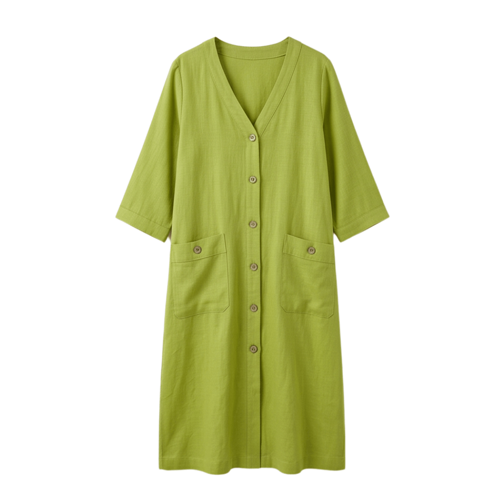 Studio shot of the olive green midi dress featuring V-neck and front buttons