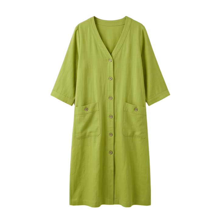 Studio shot of the olive green midi dress featuring V-neck and front buttons