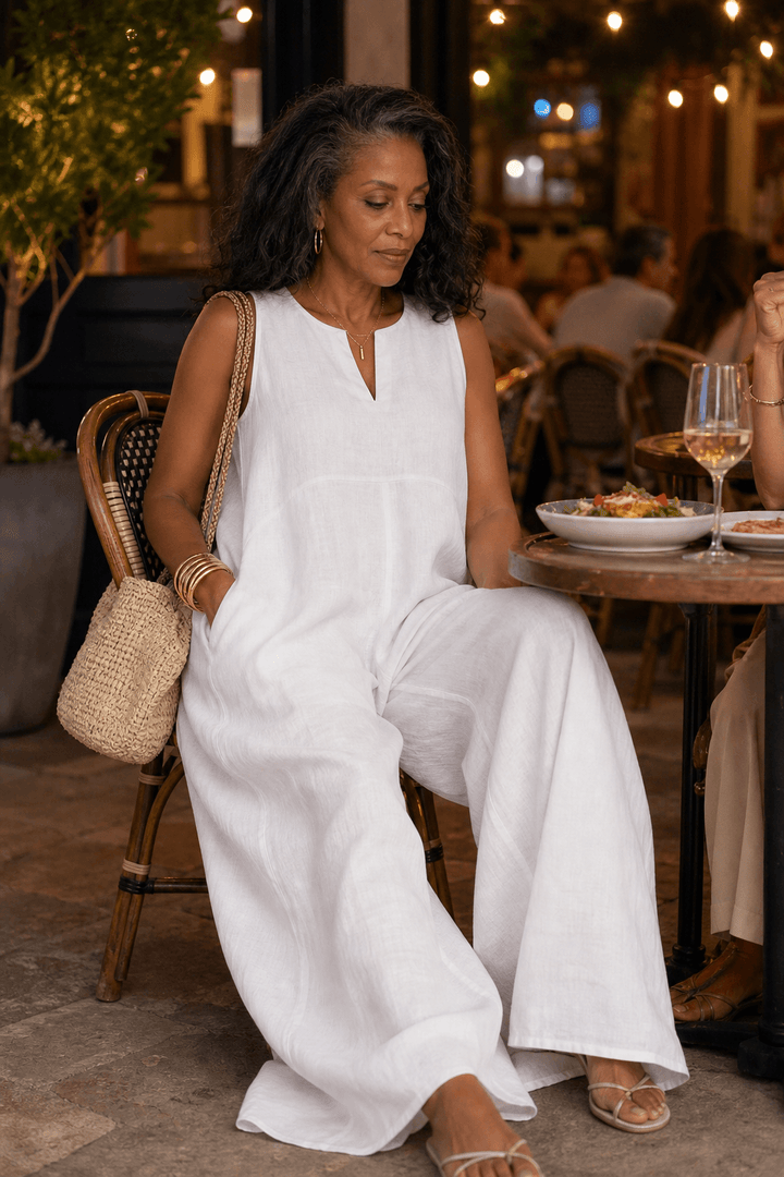 Woman seated at an outdoor café wearing a white wide-leg jumpsuit with pockets