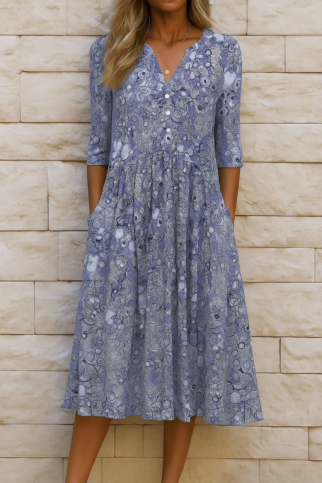 Woman wearing blue floral V-neck midi dress with pockets against a stone wall