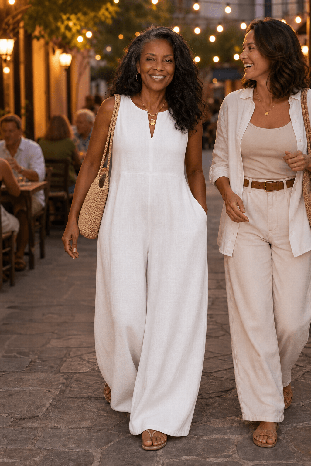 Two women walking together at night, one wearing a white wide-leg jumpsuit
