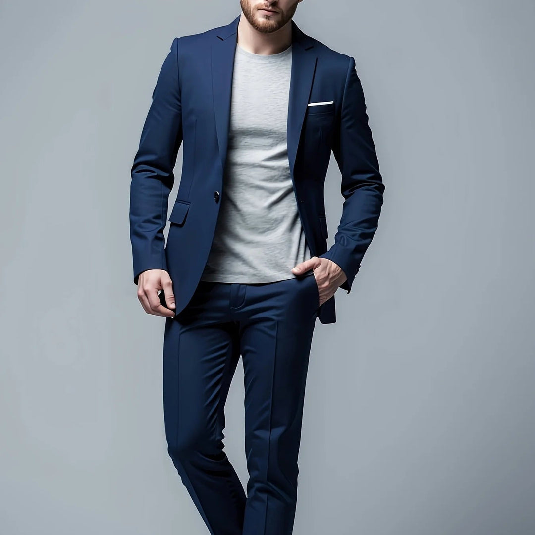 Back view of the mens slim fit suit jacket and matching trousers